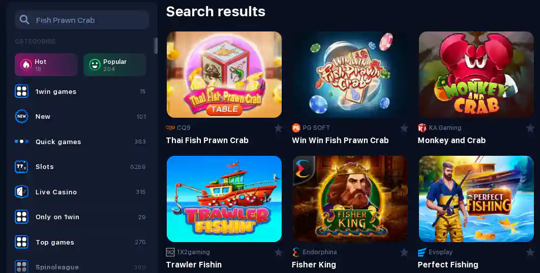 1win Fish Prawn Crab games